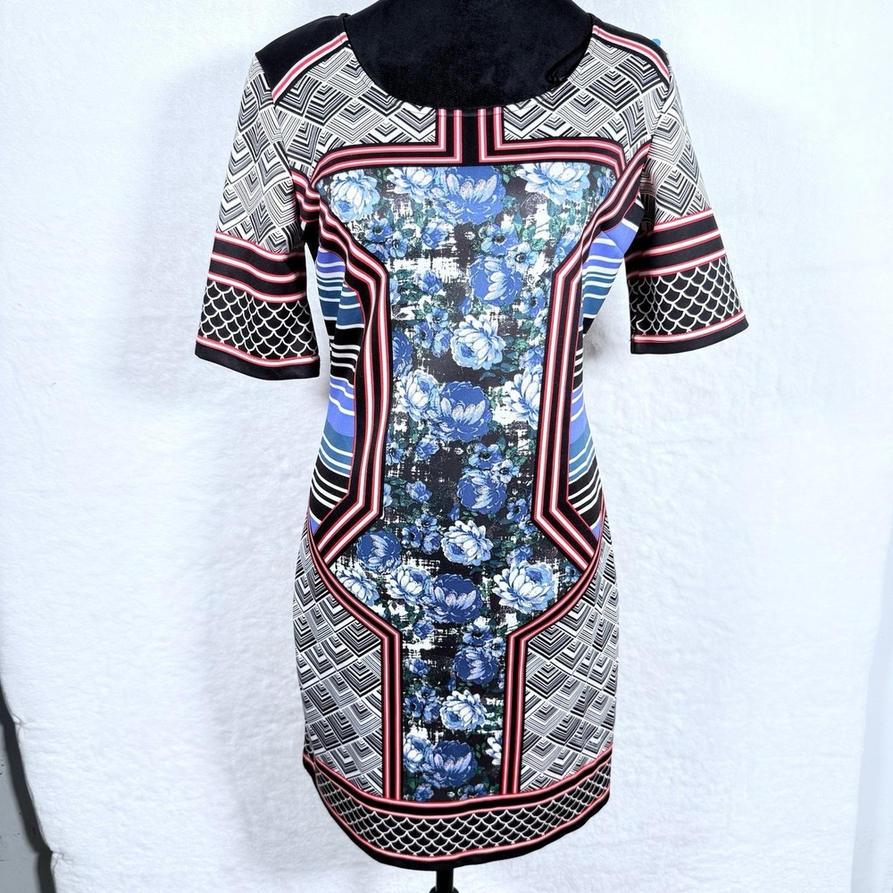 Jealous Tomato Womens Blue Floral Geometric Mixed Print Sheath Mini Dress Large‎